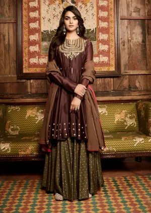 Wine Nawabi Short Anarkali Sharara Set