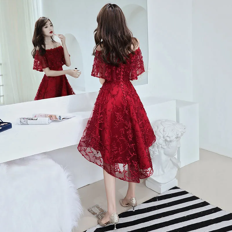 Wine Red Lace High Low Off Shoulder Party Dress, Dark Red Homecoming Dress