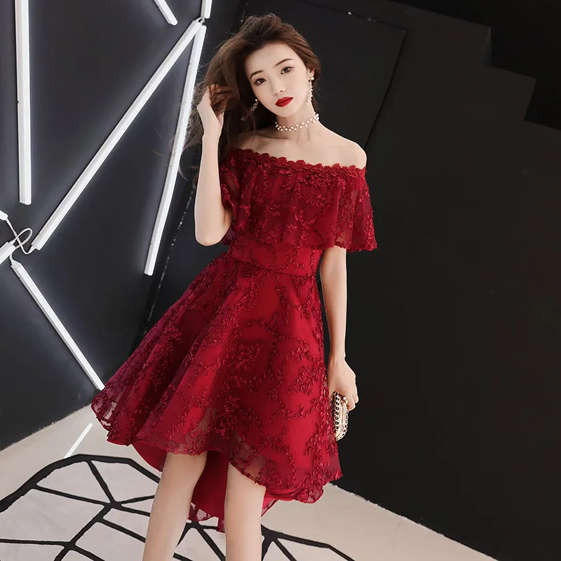 Wine Red Lace High Low Off Shoulder Party Dress, Dark Red Homecoming Dress