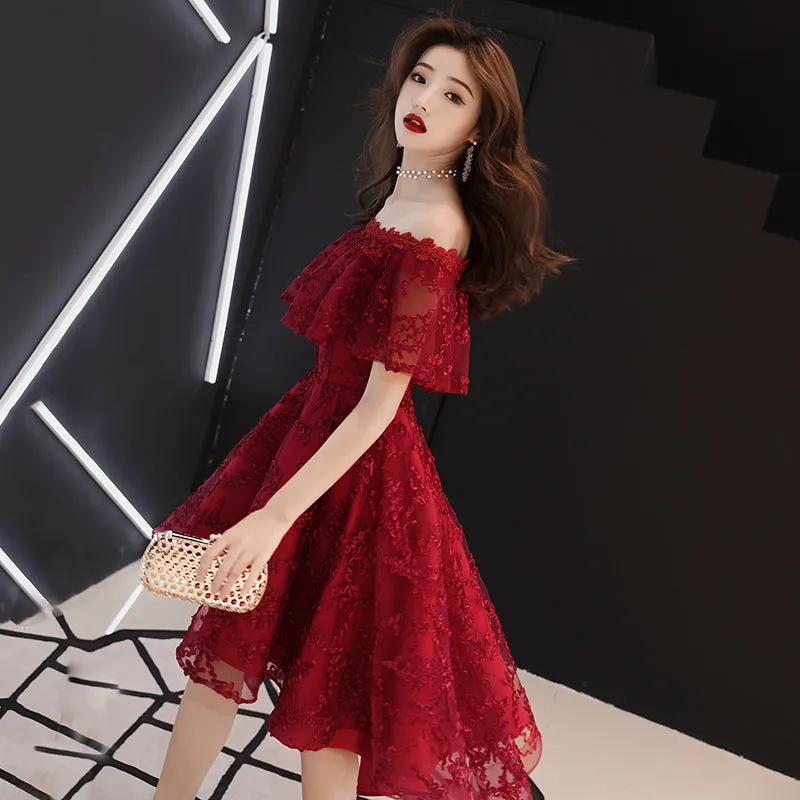 Wine Red Lace High Low Off Shoulder Party Dress, Dark Red Homecoming Dress