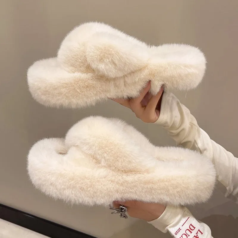 Winter Warm Fashion Slipper Women Modern Slides Outside Design Fluffy Slippers Indoor Soft Plush Shoes Women Warm Slippers
