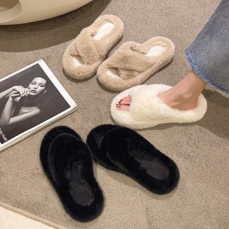 Winter Warm Fashion Slipper Women Modern Slides Outside Design Fluffy Slippers Indoor Soft Plush Shoes Women Warm Slippers