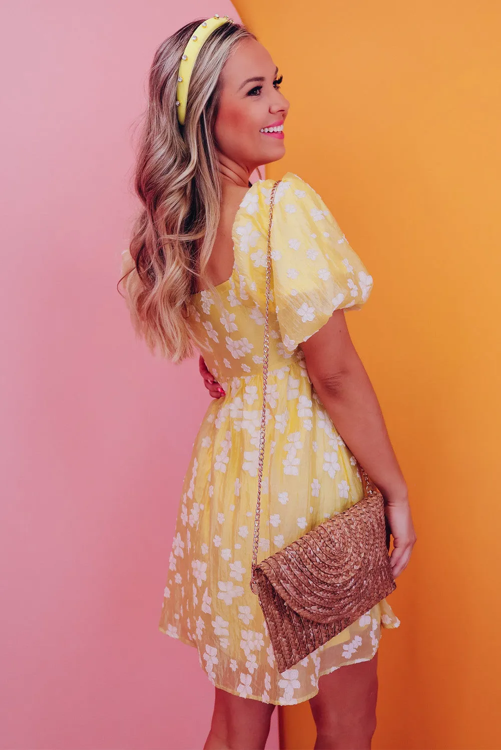 Yellow Flower Puff Sleeve Mini Dress