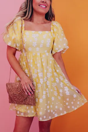 Yellow Flower Puff Sleeve Mini Dress