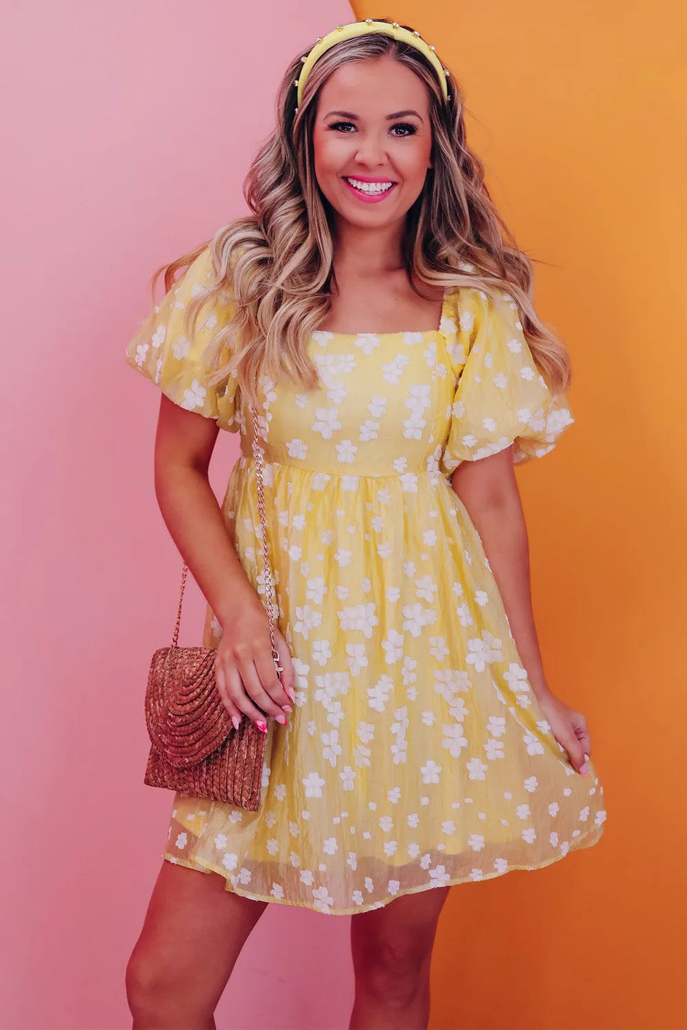 Yellow Flower Puff Sleeve Mini Dress