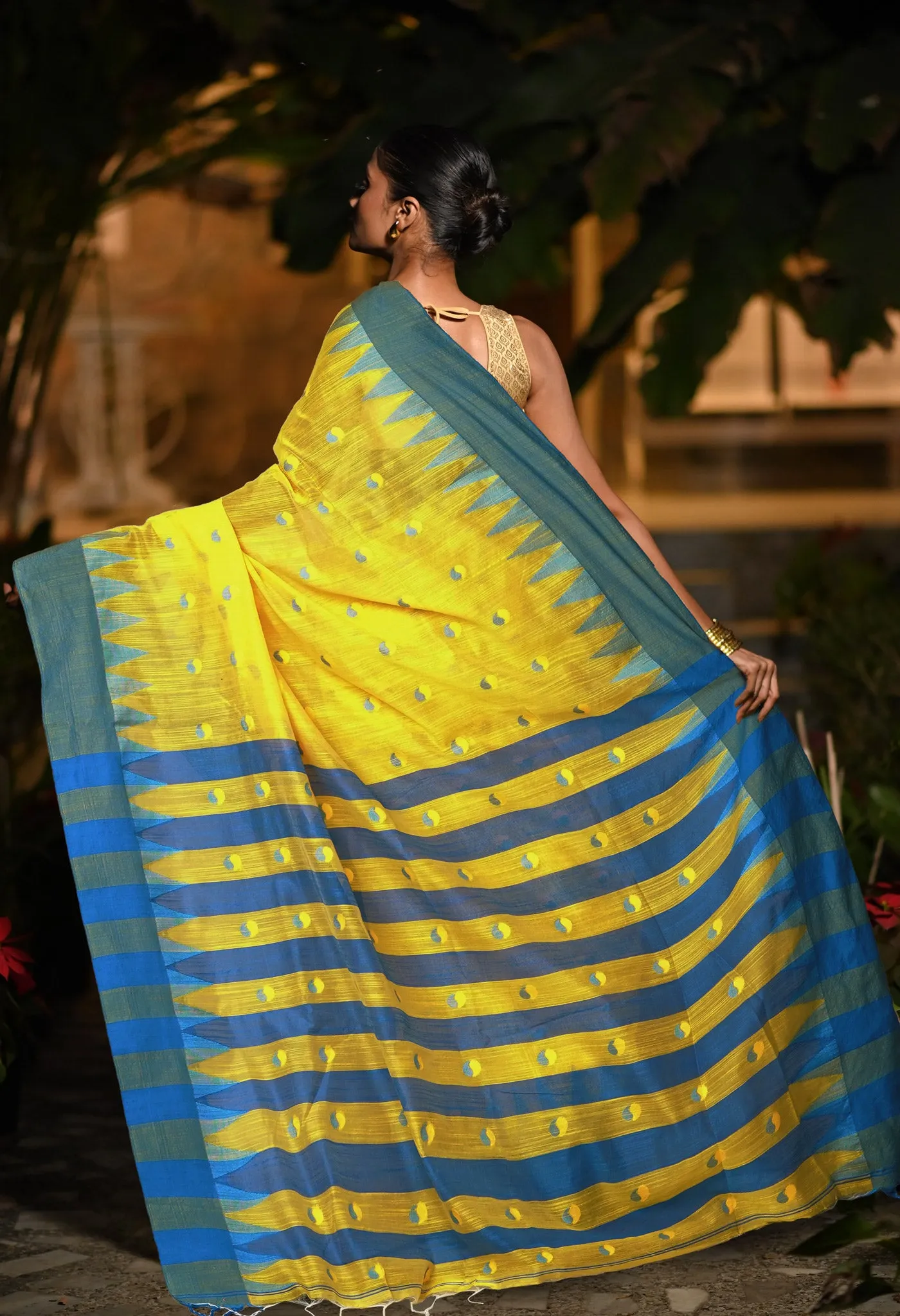 Yellow Pure Handloom Bengal Cotton Linen Saree-UNM81584