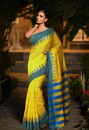 Yellow Pure Handloom Bengal Cotton Linen Saree-UNM81584